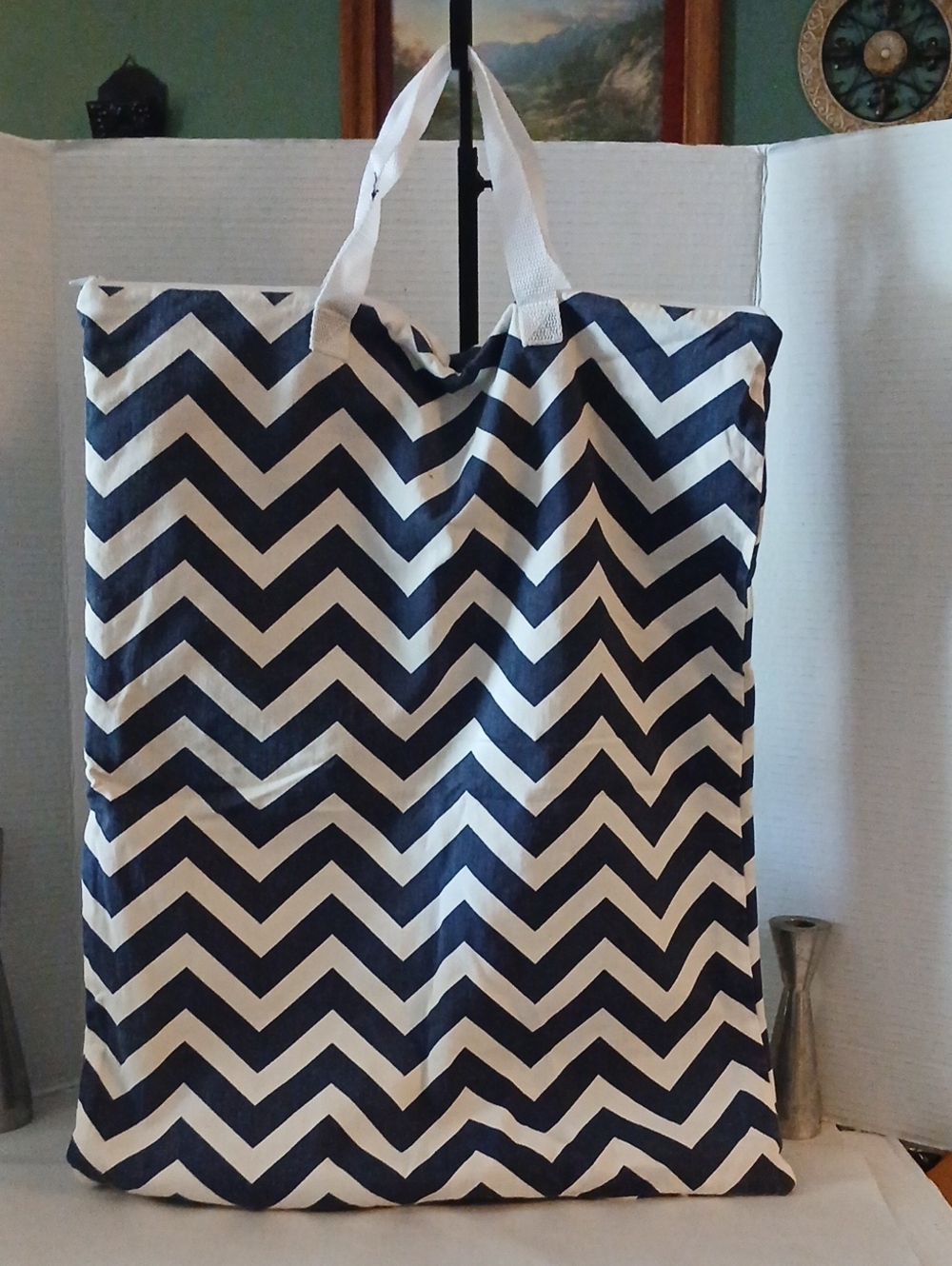 Navy Chevron Canvas Tote Bag with White Handles